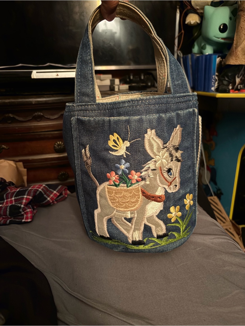 Denim Tote Bag with Embroidered Donkey Motif - Blue